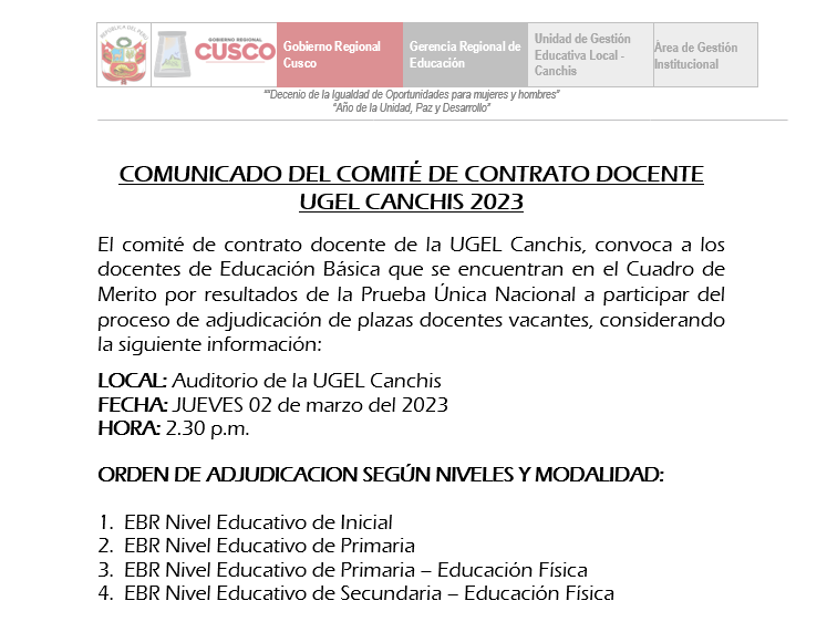 Read more about the article <strong><u>COMUNICADO DEL COMITÉ DE CONTRATO DOCENTE UGEL CANCHIS 2023</u></strong>