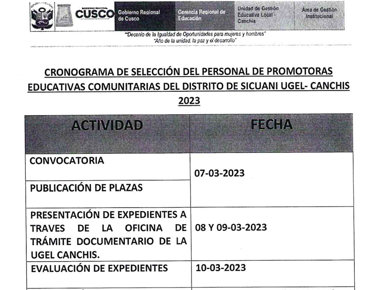 Read more about the article CRONOGRAMA DE SELECCIÓN DEL PERSONAL DE PROMOTORAS<br>EDUCATIVAS COMUNITARIAS DEL DISTRITO DE SICUANI UGEL- CANCHIS<br>2023