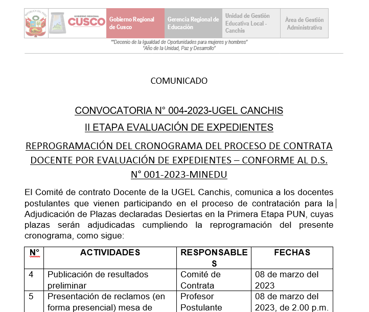 Read more about the article COMUNICADO – CONVOCATORIA N° 004 -2023 UGEL CANCHIS