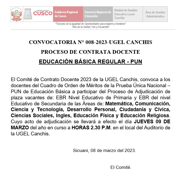 Read more about the article <strong>CONVOCATORIA N° 008-2023-UGEL CANCHIS</strong>
