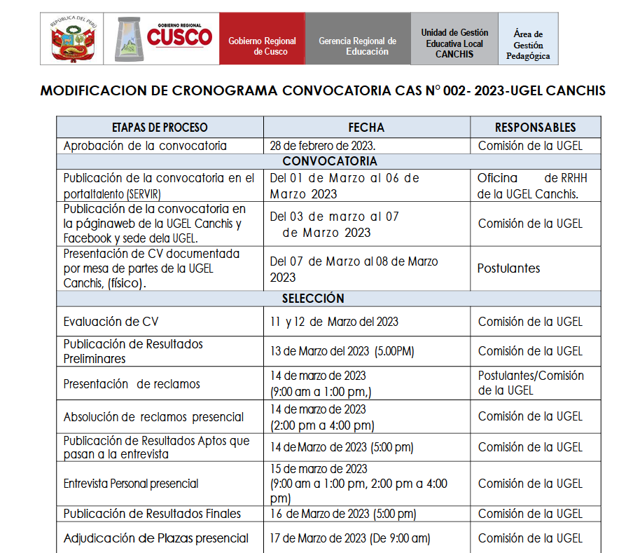 Read more about the article MODIFICACION DE CRONOGRAMA CONVOCATORIA CAS N° 002- 2023-UGEL CANCHIS