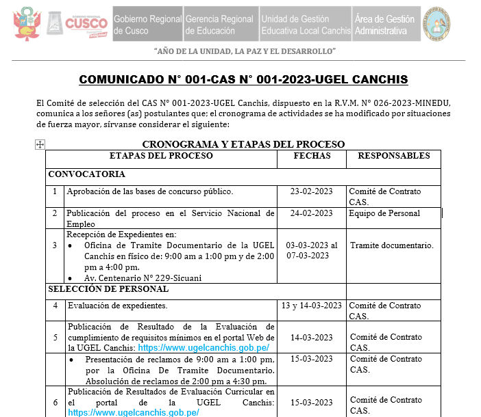 Read more about the article COMUNICADO N° 001-CAS N° 001-2023-UGEL CANCHIS