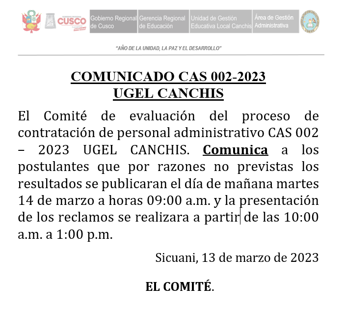 Read more about the article COMUNICADO CAS 002-2023 UGEL CANCHIS