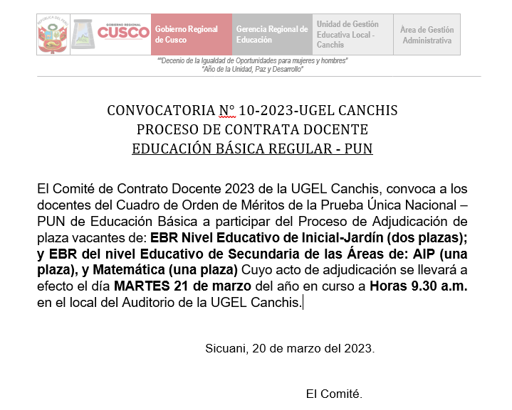 Read more about the article CONVOCATORIA N° 10-2023-UGEL CANCHIS PROCESO DE CONTRATA DOCENTE EDUCACIÓN BÁSICA REGULAR – PUN