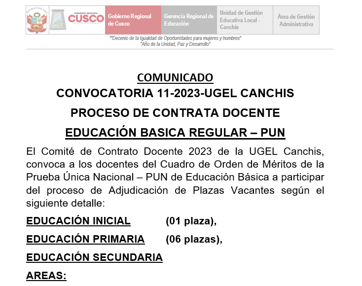 Read more about the article COMUNICADO CONVOCATORIA 11-2023-UGEL CANCHIS CONTRATACIÓN DOCENTE