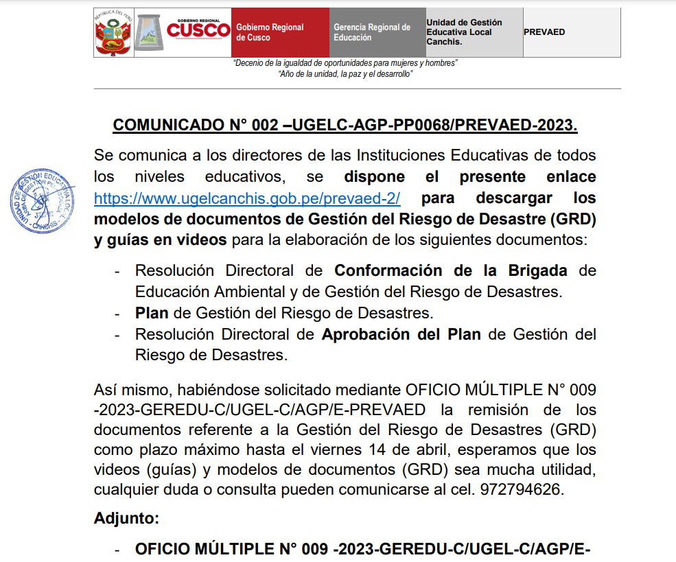 Read more about the article COMUNICADO N° 002 –UGELC-AGP-PP0068/PREVAED-2023.