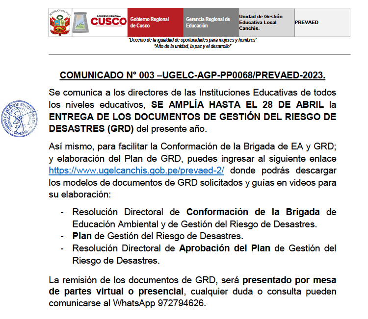 Read more about the article COMUNICADO N° 003 –UGELC-AGP-PP0068/PREVAED-2023.