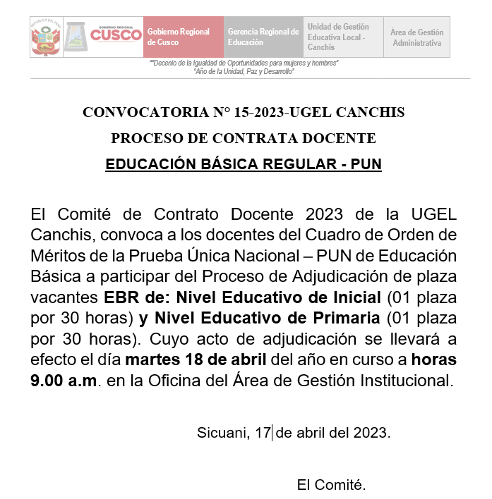 Read more about the article CONVOCATORIA N° 15-2023-UGEL CANCHIS