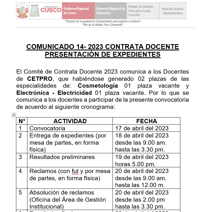 Read more about the article COMUNICADO 14- 2023 CONTRATA DOCENTE