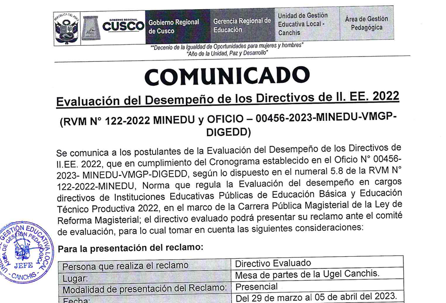 Read more about the article COMUNICADOEvaluación del Desempeño de los Directivos de II. EE. 2022(RVM N° 122-2022 NIINEDU y OFICIO – 00456-2023-MINEDU-VMGP- DIGEDD)c . W /