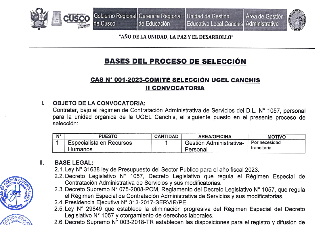 Read more about the article BASES DEL PROCESO DE SELECCIÓNCAS N° 001-2023-CQMITÉ SELECCIÓN UGEL CANCHISII CONVOCATORIA