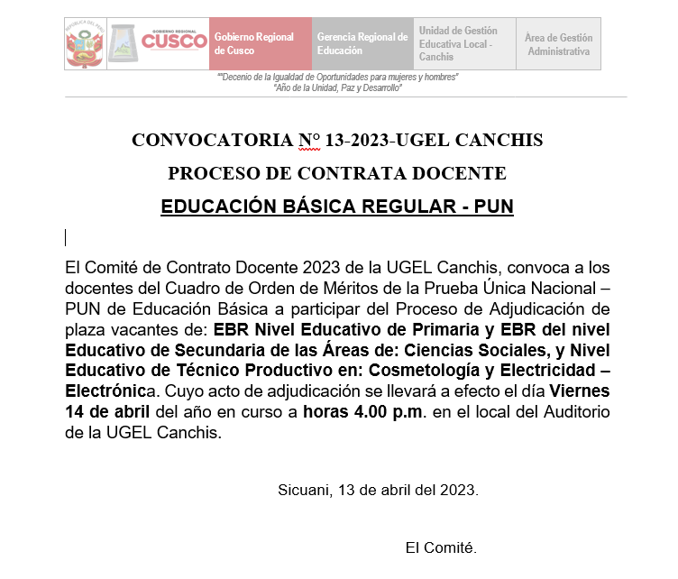 Read more about the article CONVOCATORIA N° 13-2023-UGEL CANCHIS