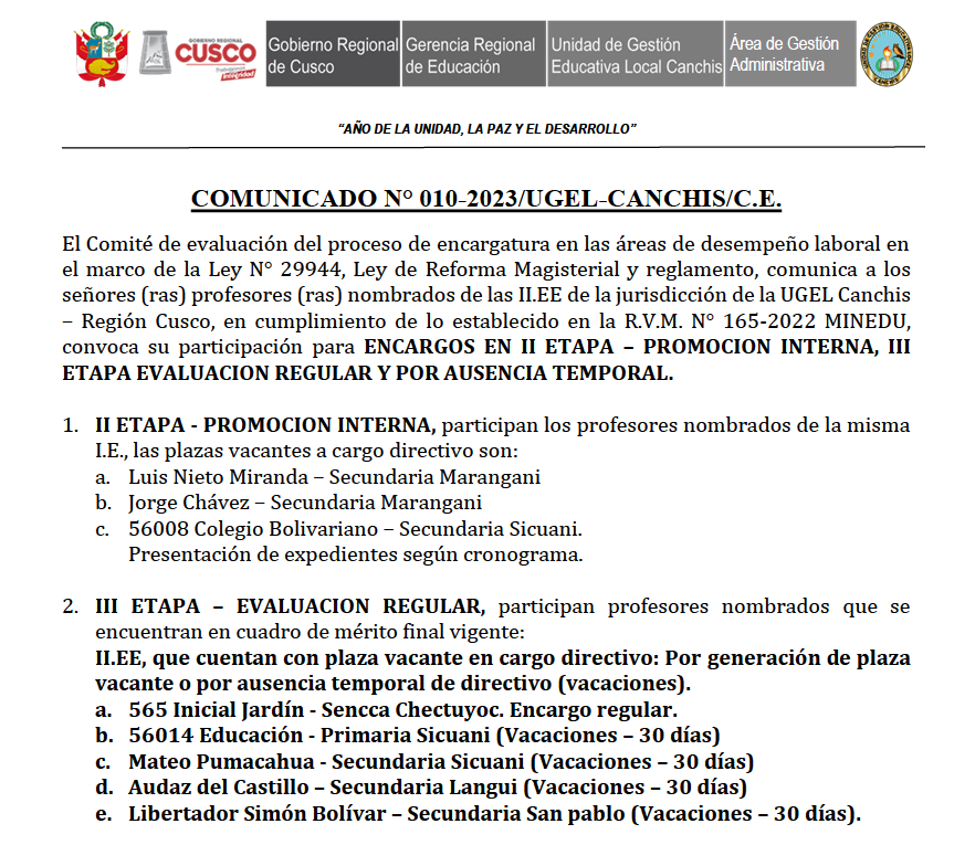 Read more about the article COMUNICADO N° 010-2023/UGEL-CANCHIS/C.E.