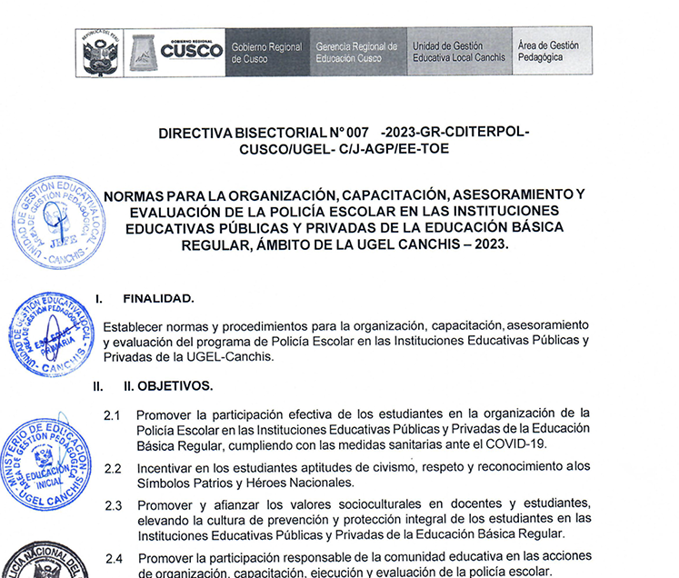 Read more about the article DIRECTIVA BISECTORIAL N°007 -2023-GR-CDITERPOL-CUSCO/UGEL- C/J-AGP/EE-TOE