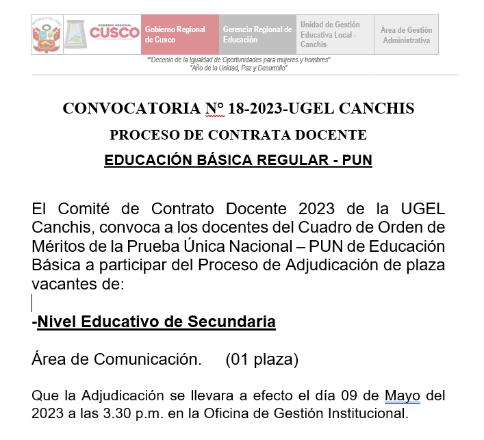 Read more about the article CONVOCATORIA N° 18-2023-UGEL CANCHISPROCESO DE CONTRATA DOCENTEEDUCACIÓN BÁSICA REGULAR – PUN