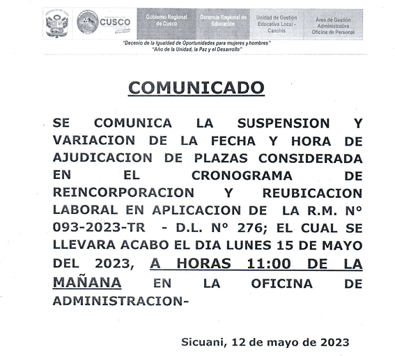 Read more about the article COMUNICADO – REINCORPORACION Y REUBICACION LABORAL EN APLICACION DE LA R.M. N° 093-2023-TR – D.L. N° 276