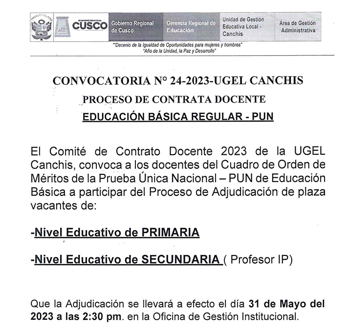 Read more about the article CONVOCATORIA N° 24-2023-UGEL CANCHISPROCESO DE CONTRATA DOCENTE