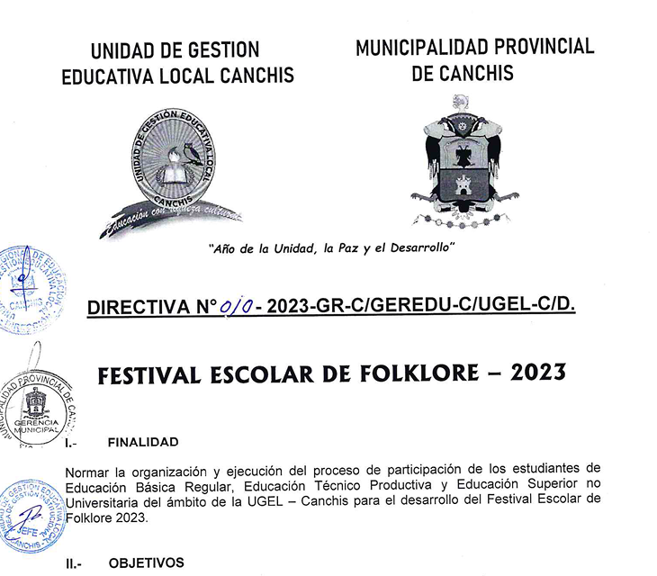 Read more about the article DIRECTIVA 010 – 2023-GR-C/GEREDU-C/UGEL-C/D. – FESTIVAL ESCOLAR DE FOLKLORE – 2023