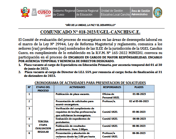 Read more about the article COMUNICADO N° 018-2023/UGEL-CANCHIS/C.E.