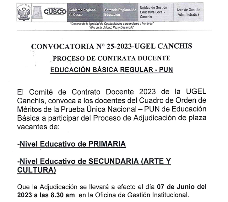 Read more about the article CONVOCATORIA N° 25-2023-UGEL CANCHISPROCESO DE CONTRATA DOCENTEEDUCACIÓN BÁSICA REGULAR – PUN