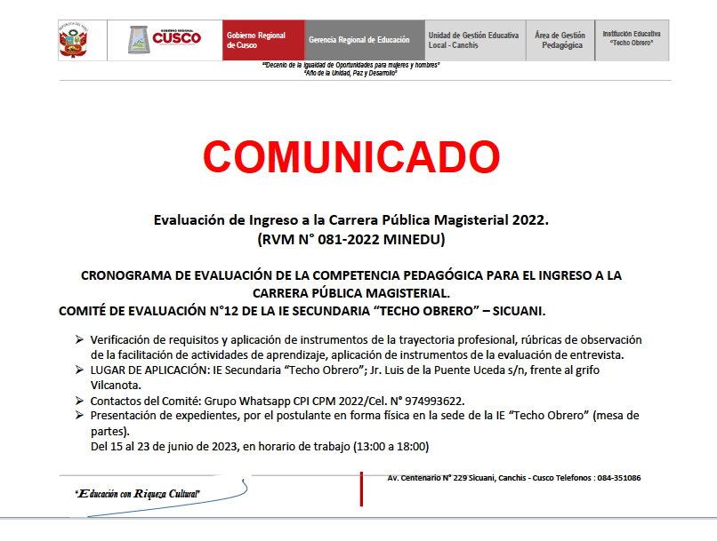 Read more about the article COMUNICADO – Evaluación de Ingreso a la Carrera Pública Magisterial 2022. (RVM N° 081-2022 MINEDU)COMUNICADO –