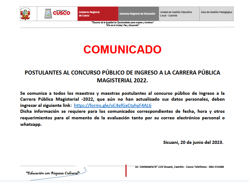 Read more about the article  COMUNICADOS – POSTULANTES AL CONCURSO PÚBLICO DE INGRESO A LA CARRERA PÚBLICA