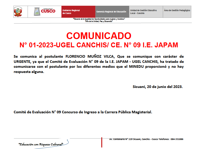 Read more about the article COMUNICADON° 01-2023-UGEL CANCHIS/ CE. N° 09 I.E. JAPAM