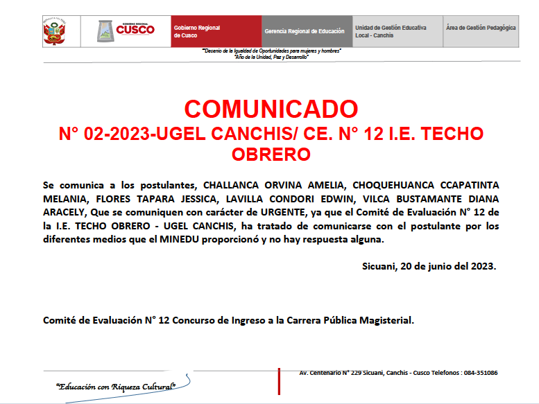Read more about the article COMUNICADON° 02-2023-UGEL CANCHIS/ CE. N° 12 I.E. TECHOOBRERO