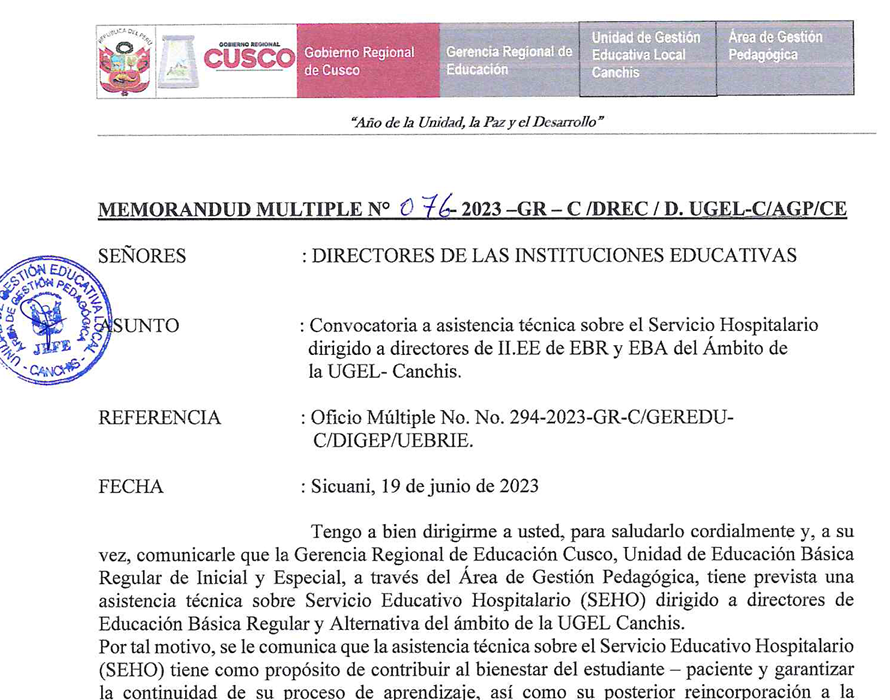 Read more about the article Convocatoria a asistencia técnica sobre el Servicio Hospitalario dirigido a directores de II.EE de EBR y EBA del Ambito de la UGEL- Canchis.
