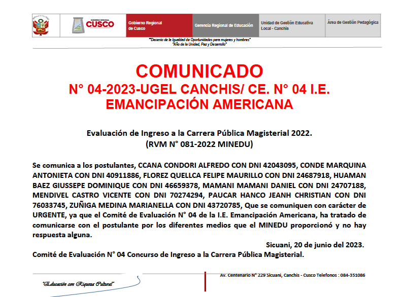 Read more about the article COMUNICADON° 04-2023-UGEL CANCHIS/ CE. N° 04 I.E.EMANCIPACIÓN AMERICANA