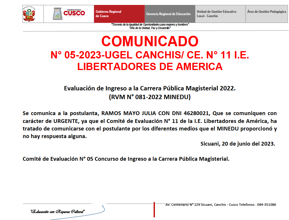 Read more about the article COMUNICADO N° 05-2023-UGEL CANCHIS/ CE. N° 11 I.E.LIBERTADORES DE AMERICA