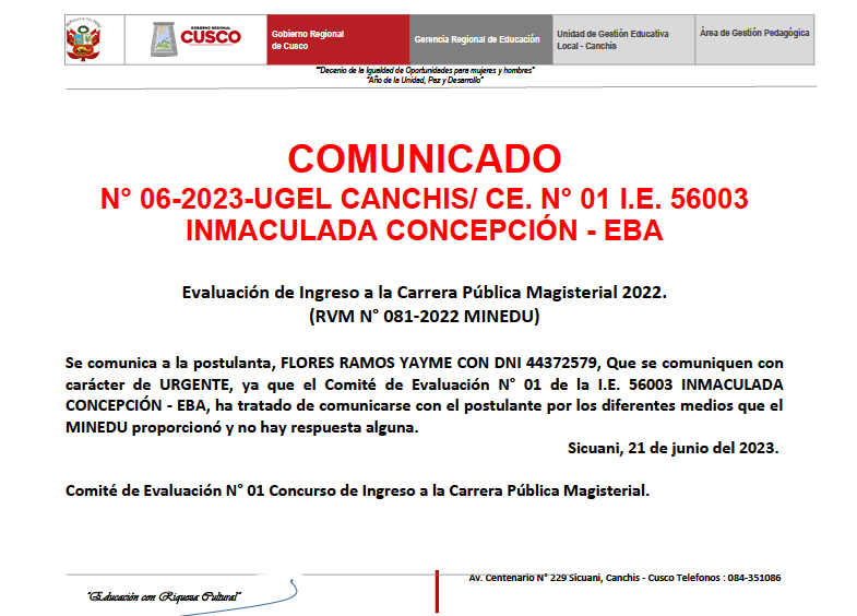 Read more about the article COMUNICADON° 06-2023-UGEL CANCHIS/ CE. N° 01 I.E. 56003INMACULADA CONCEPCIÓN – EBA