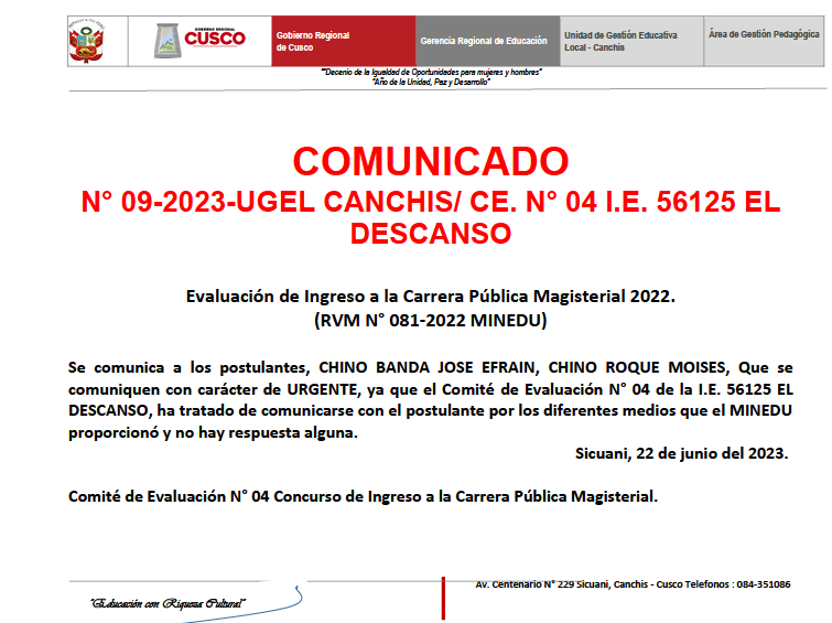 Read more about the article COMUNICADON° 09-2023-UGEL CANCHIS/ CE. N° 04 I.E. 56125 ELDESCANSO
