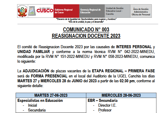 Read more about the article COMUNICADO N° 003 REASIGNACION DOCENTE 2023