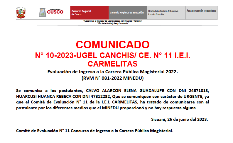 Read more about the article COMUNICADO N° 10-2023-UGEL CANCHIS/ CE. N° 11 I.E.I.CARMELITAS