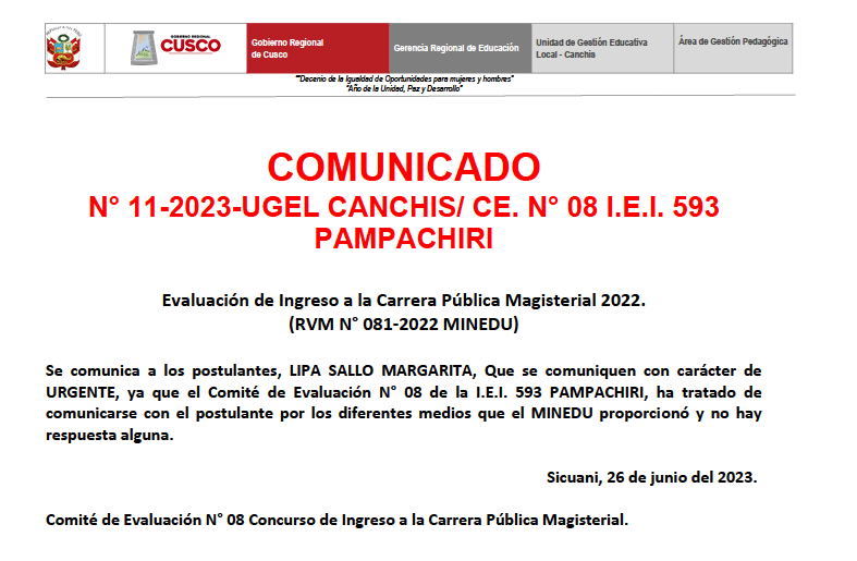 Read more about the article COMUNICADO N° 11-2023-UGEL CANCHIS/ CE. N° 08 I.E.I. 593PAMPACHIRI