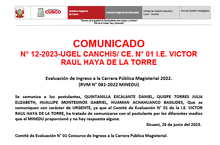 Read more about the article COMUNICADO N° 12-2023-UGEL CANCHIS/ CE. N° 01 I.E. VICTORRAUL HAYA DE LA TORRE
