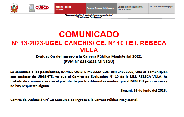 Read more about the article COMUNICADO N° 13-2023-UGEL CANCHIS/ CE. N° 10 I.E.I. REBECAVILLA