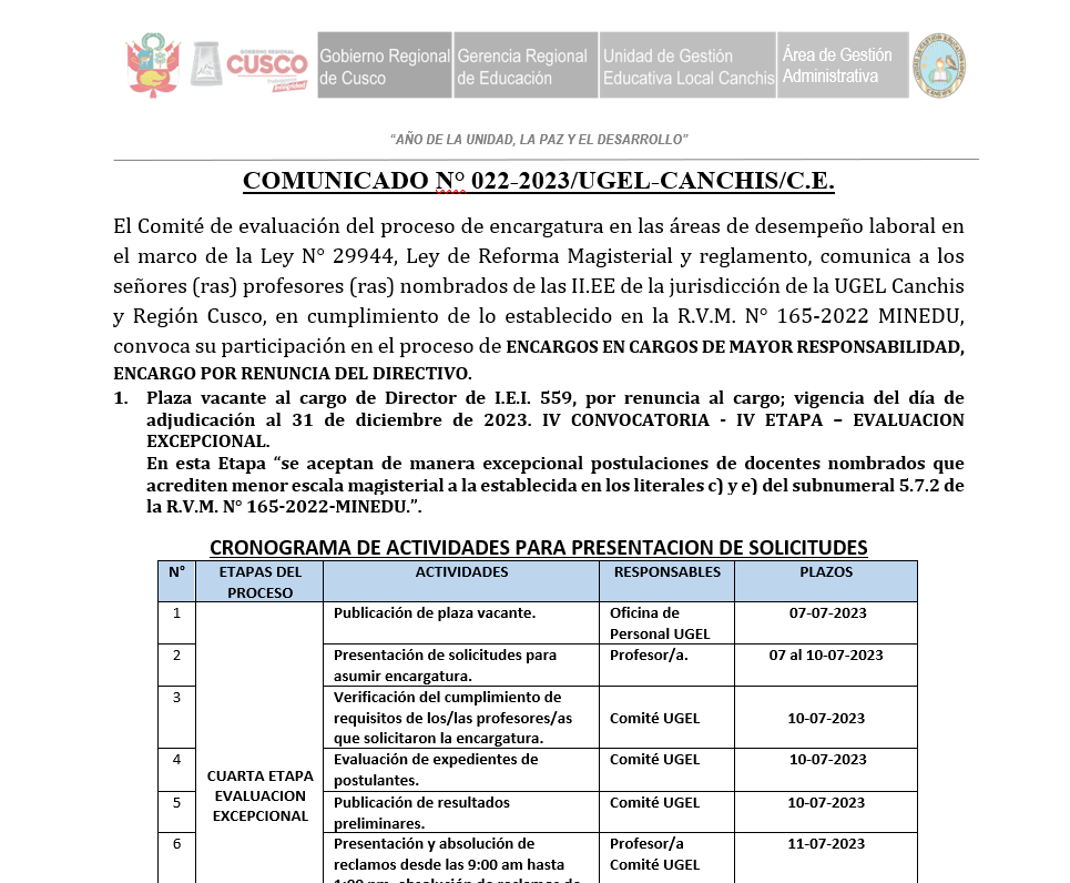 Read more about the article COMUNICADO N° 022-2023/UGEL-CANCHIS/C.E.