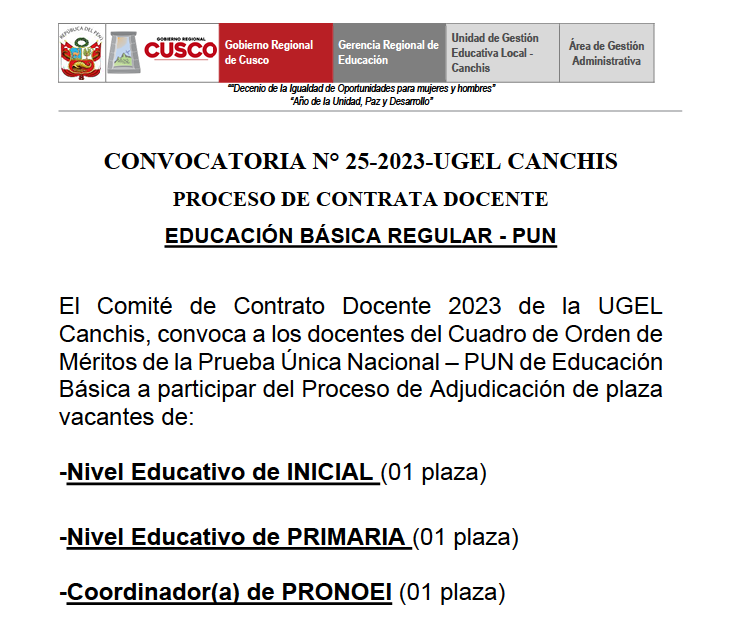 Read more about the article CONVOCATORIA N° 25-2023-UGEL CANCHISPROCESO DE CONTRATA DOCENTEEDUCACIÓN BÁSICA REGULAR – PUN