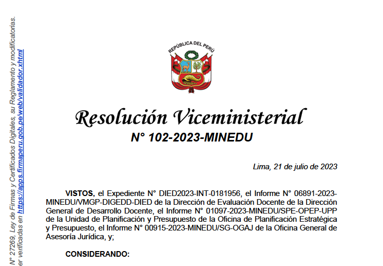 Read more about the article Resolución Viceministerial N° 102-2023-MINEDU