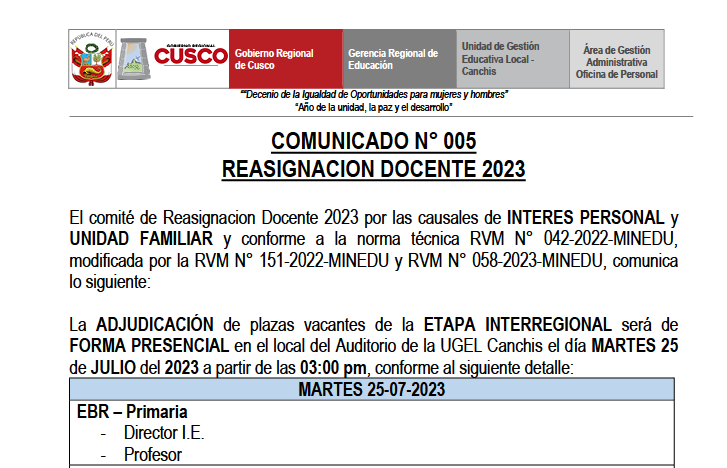 Read more about the article COMUNICADO N° 005REASIGNACION DOCENTE 2023