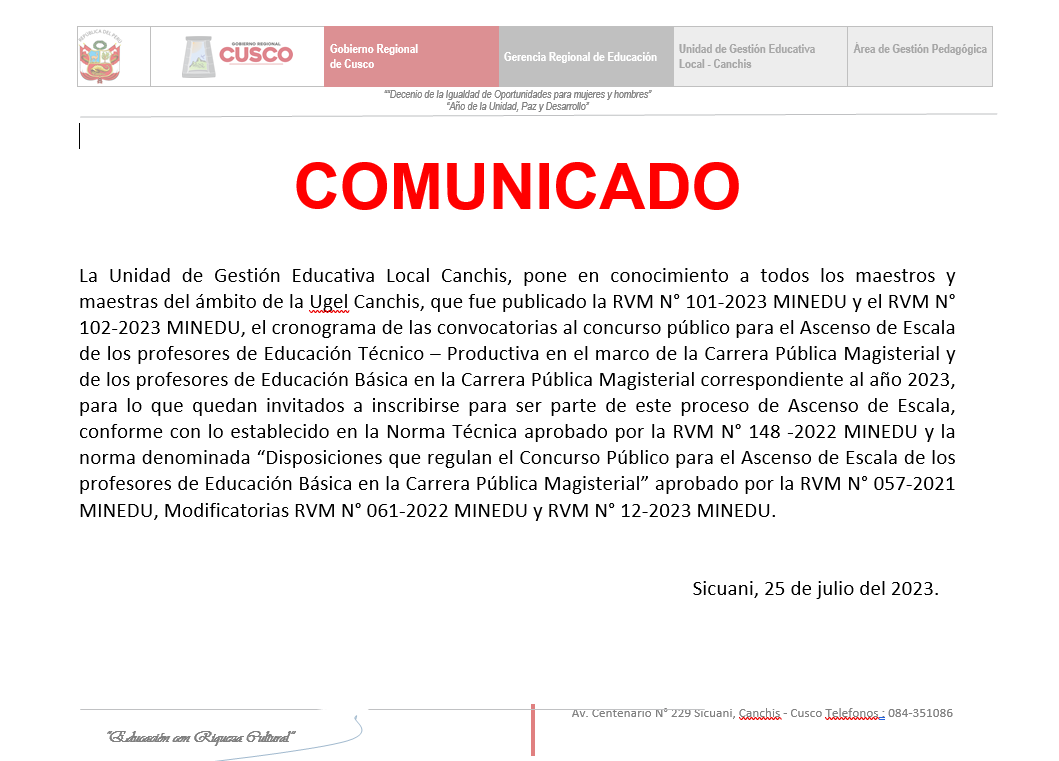Read more about the article COMUNICADO – CONCURSO PÚBLICO PARA EL ASCENSO DE ESCALA DE LOS PROFESORES DE EDUCACIÓN TÉCNICO – PRODUCTIVACOMUNICADO –