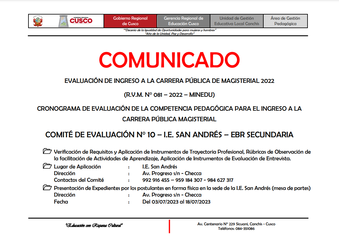Read more about the article COMUNICADO – CRONOGRAMA DE EVALUACIÓN DE LA COMPETENCIA PEDAGÓGICA PARA EL INGRESO A LA CARRERA PÚBLICA MAGISTERIAL COMITÉ DE EVALUACIÓN N° 10 – I.E. SAN ANDRÉS – EBR SECUNDARIA