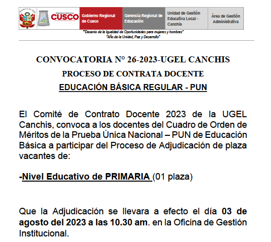 Read more about the article PROCESO DE CONTRATA DOCENTE CONVOCATORIA N° 26-2023-UGEL CANCHIS EDUCACIÓN BÁSICA REGULAR – PUN