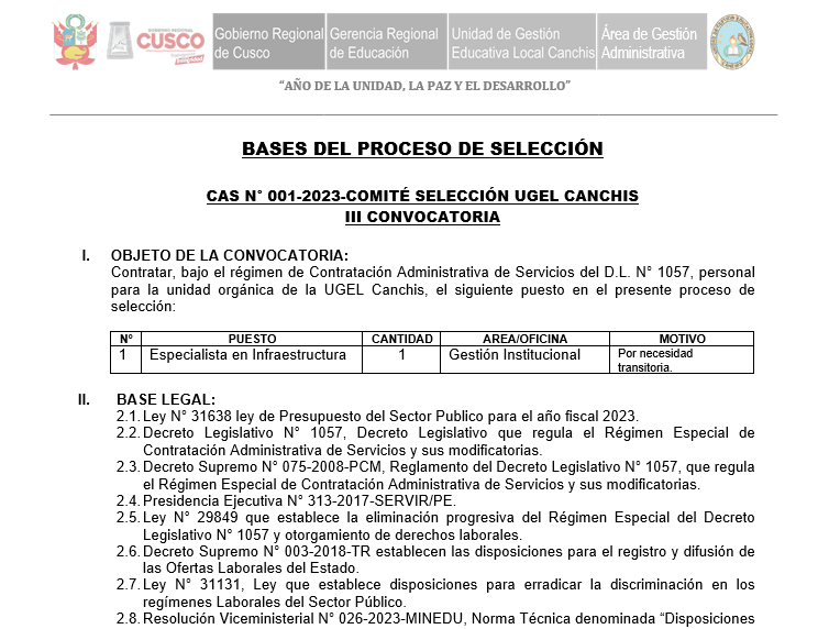 Read more about the article CAS N° 001-2023-COMITÉ SELECCIÓN UGEL CANCHIS III CONVOCATORIA BASES DEL PROCESO DE SELECCIÓN