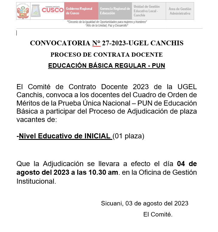 Read more about the article CONVOCATORIA N° 27-2023-UGEL CANCHIS PROCESO DE CONTRATA DOCENTE EDUCACIÓN BÁSICA REGULAR – PUN