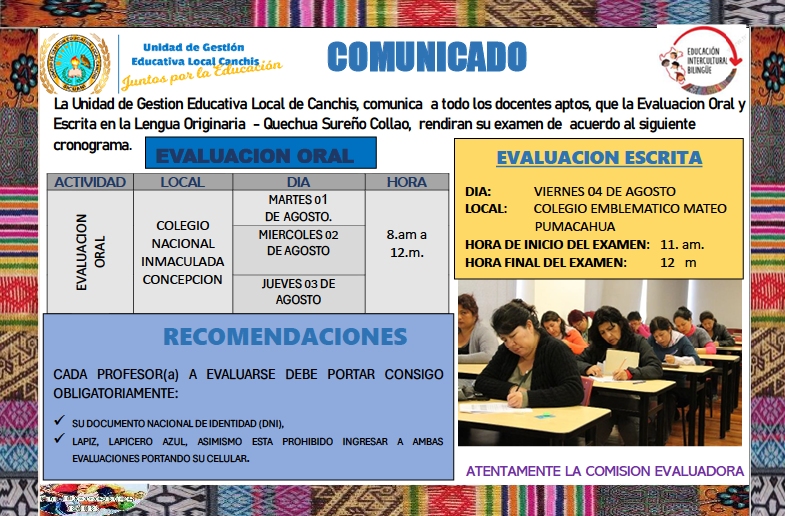 Read more about the article COMUNICADO-Evaluacion Oral y Escrita en la Lengua Originaria – Quechua Sureño Collao