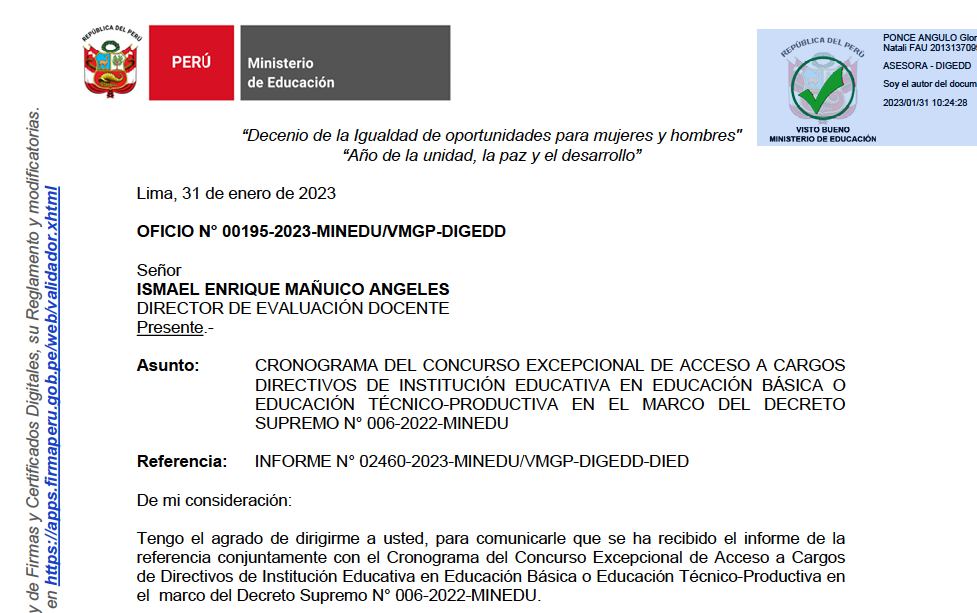 Read more about the article CRONOGRAMA DEL CONCURSO EXCEPCIONAL DE ACCESO A CARGOS DIRECTIVOS DE INSTITUCIÓN EDUCATIVA EN EDUCACIÓN BÁSICA OEDUCACIÓN TÉCNICO-PRODUCTIVA EN EL MARCO DEL DECRETOSUPREMO N° 006-2022-MINEDU